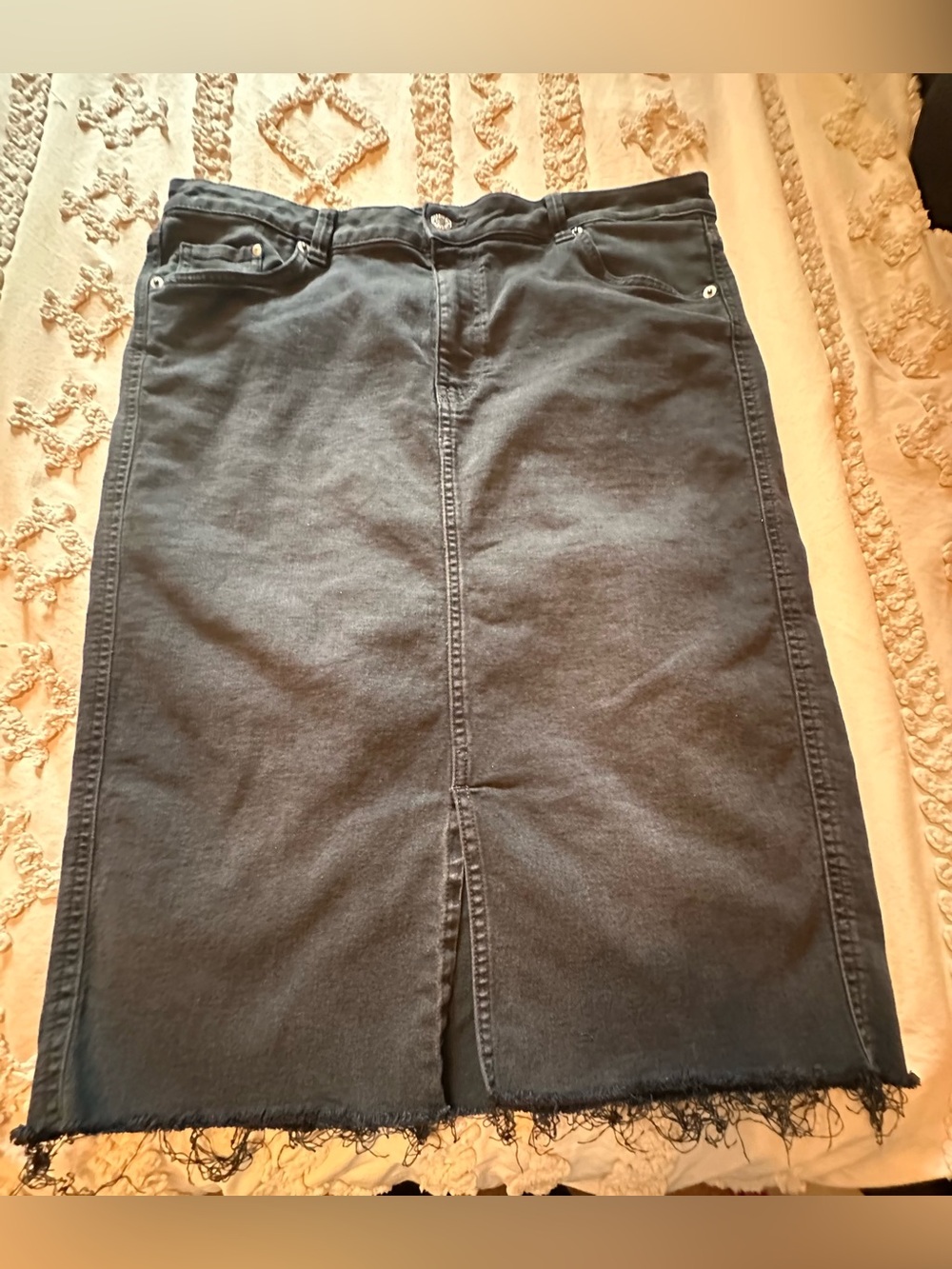 H&M Black Denim Midi Skirt with Raw Hem